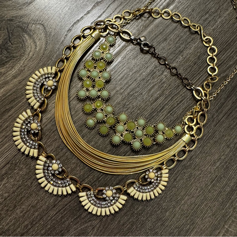 Elegant Gold Green Cream Statement Necklace set of 3